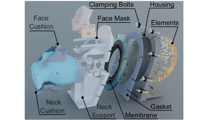 An illustration of a head in a brain stimulation device. The different components of the device are layered out.