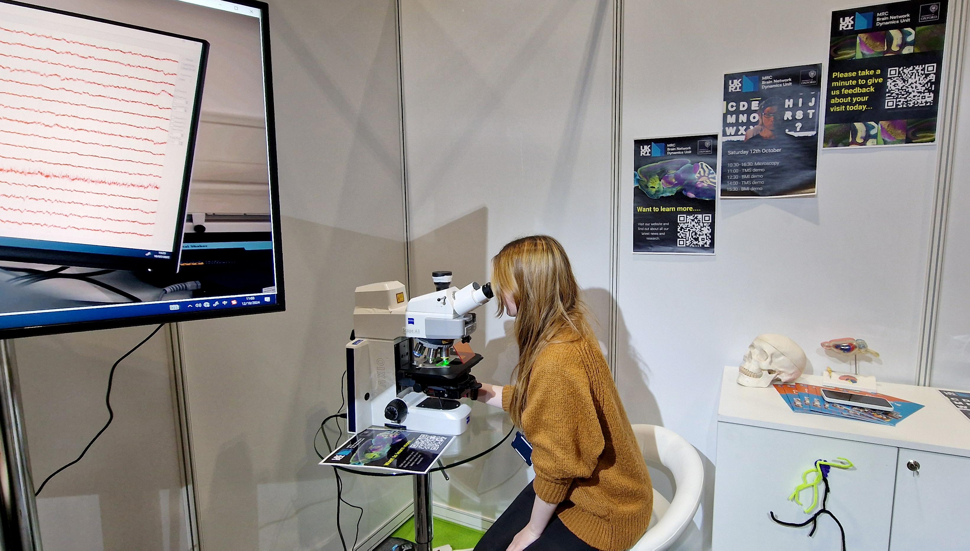 photo of a woman looking down a microscope